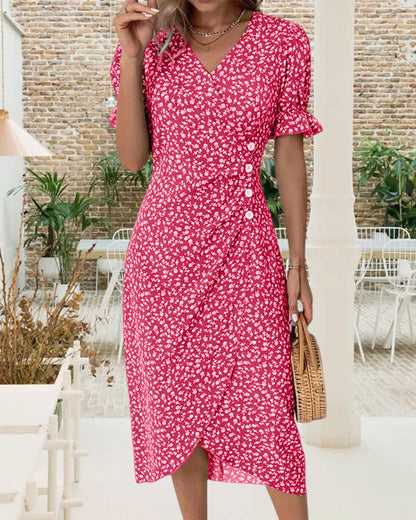 Quincy Women's Summer Dress – Elegant Short Sleeve Floral Dress with Button Closure