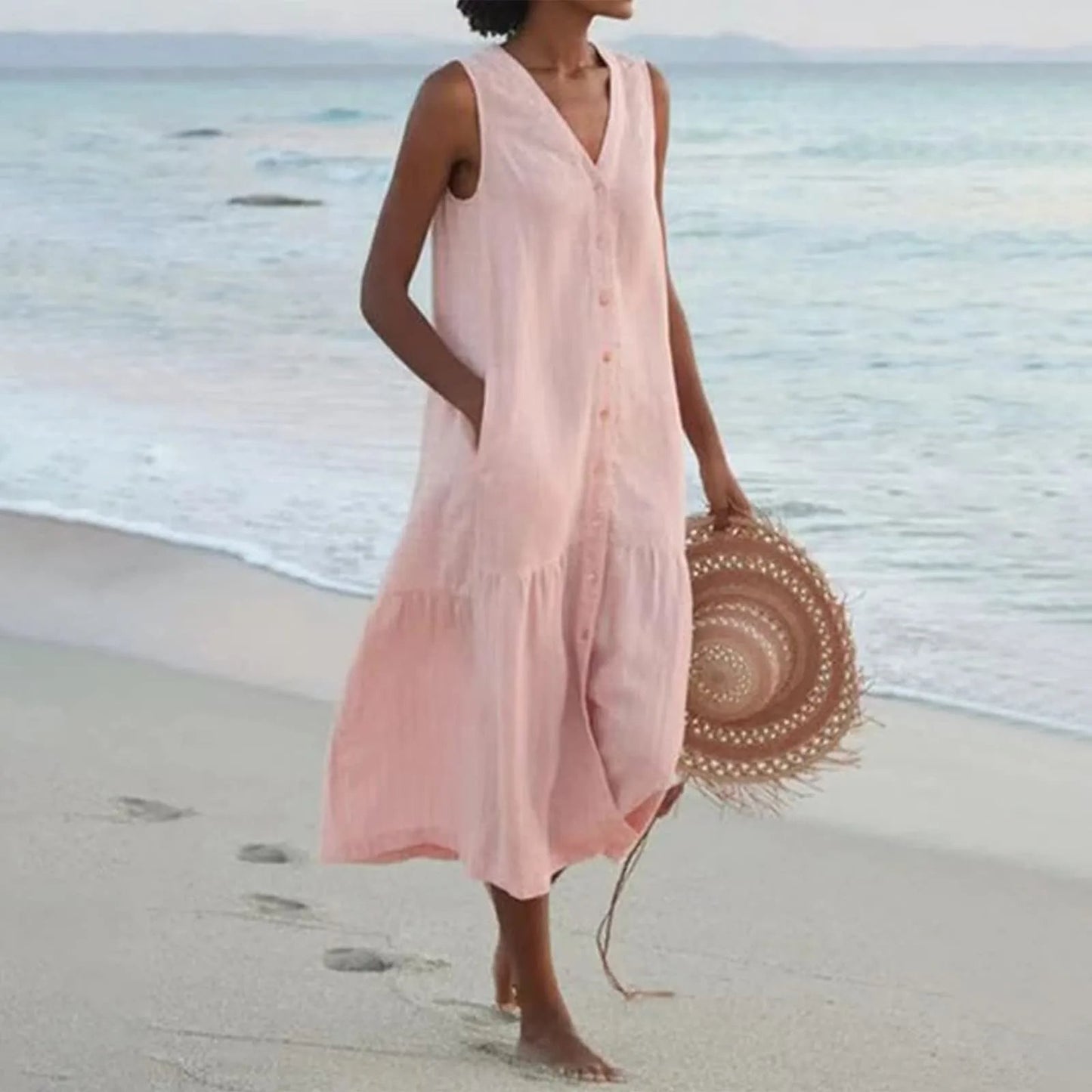 Robe d’Été Femme Lena – Élégante Robe à Col en V avec Coupe Aérée & Design Intemporel