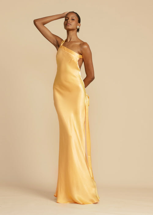 Elena Robe Longue Femme – Robe de Soirée en Satin de Soie avec Dos Nu & Encolure Asymétrique