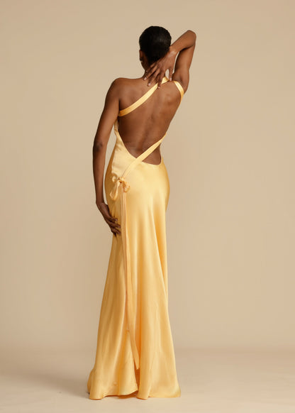 Elena Robe Longue Femme – Robe de Soirée en Satin de Soie avec Dos Nu & Encolure Asymétrique