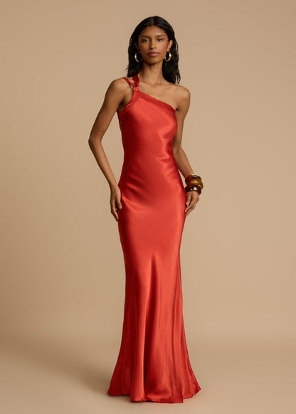 Elena Robe Longue Femme – Robe de Soirée en Satin de Soie avec Dos Nu & Encolure Asymétrique