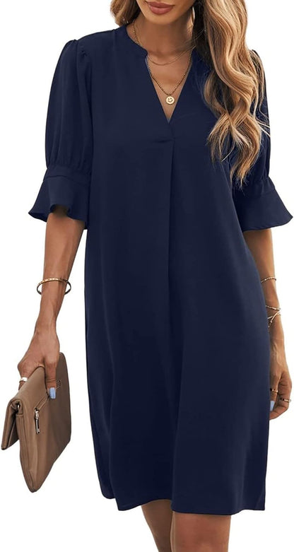 Emily Women's Summer Dress – Elegant V-Neck Loose Fit Midi Length Dress with Three-Quarter Sleeves