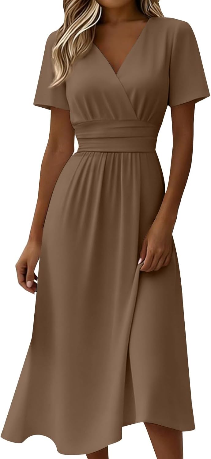 Claire Women's Dress – Elegant Summer A-Line Midi Dress with V-Neck Wrap and Empire Waist