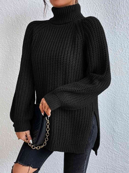 Angela Pull Femme – Pull à Col Roulé Côtelé avec Fente Latérale Chic pour Automne/Hiver Élégant