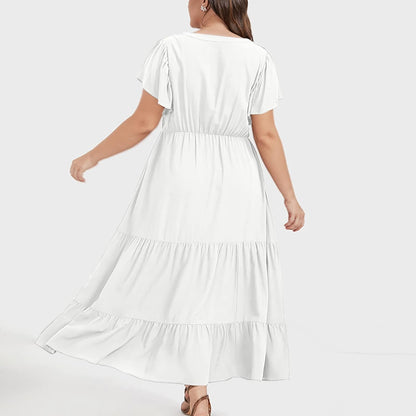 Manon Women's Dress – Bohemian V-Neck Short Sleeve A-Line Fluid Summer Plus Size