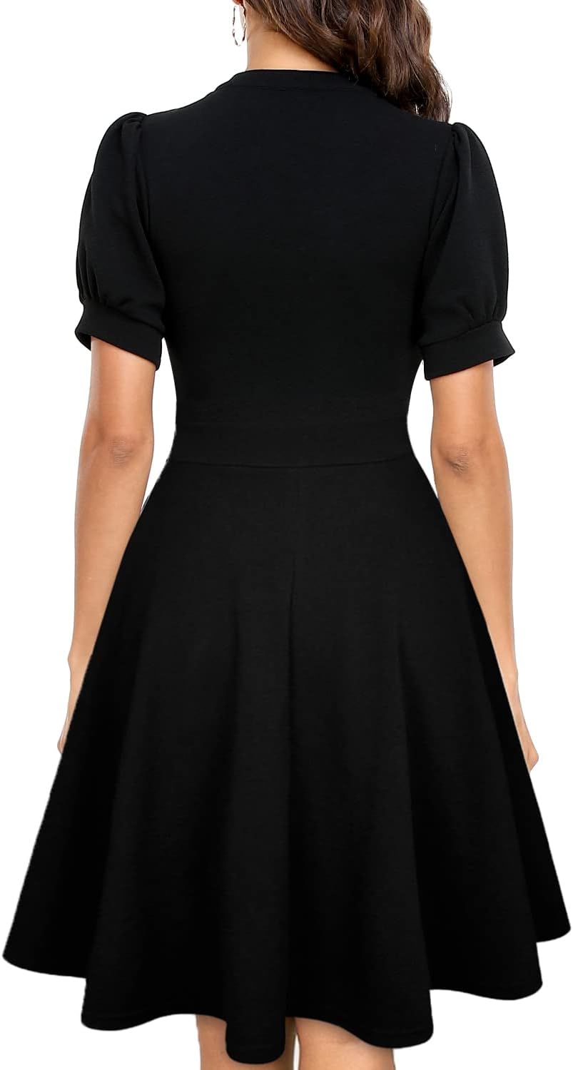 Sophie Women's Dress – Flared V-Neck Dress with Puff Sleeves and Elegant Pockets