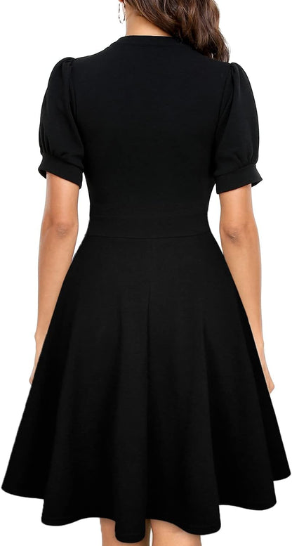 Sophie Women's Dress – Flared V-Neck Dress with Puff Sleeves and Elegant Pockets
