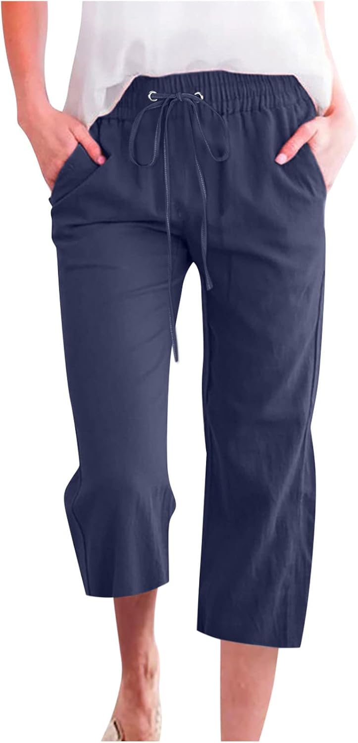 Vinia Women's Capri Linen Pants – Wide Cut, Elastic Waist, Light Chic Summer