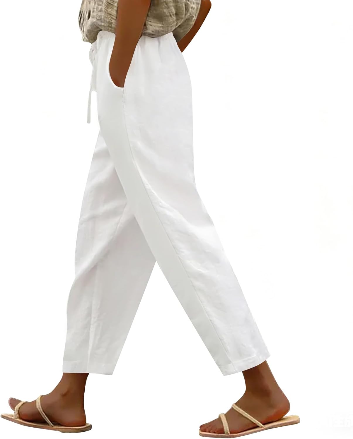 Merry Women's Linen Cotton Pants – Lightweight Capri, Elastic Waist, Casual Summer