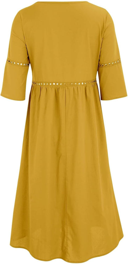 Laura Women's Dress – Midi Linen V-Neck 3/4 Sleeve Pockets A-Line Summer