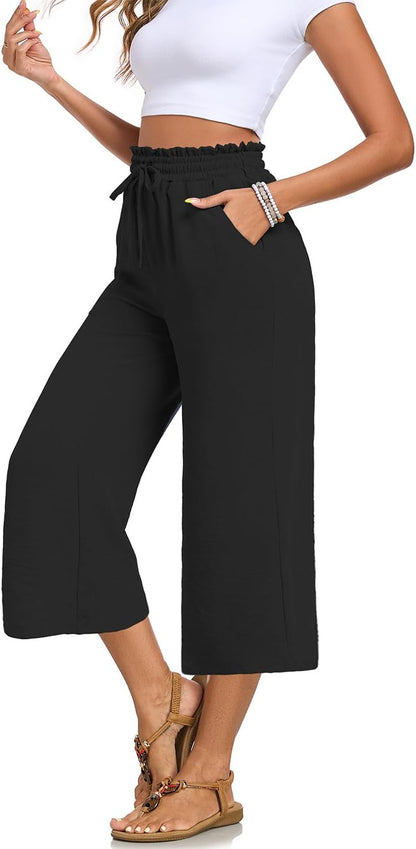 Joanna Women's Capri Pants – Wide Fit, High Elastic Waist, Lightweight Summer Chic