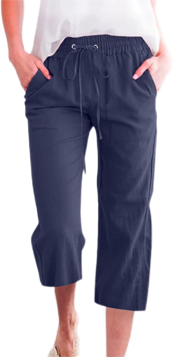 Vinia Women's Capri Linen Pants – Wide Cut, Elastic Waist, Light Chic Summer