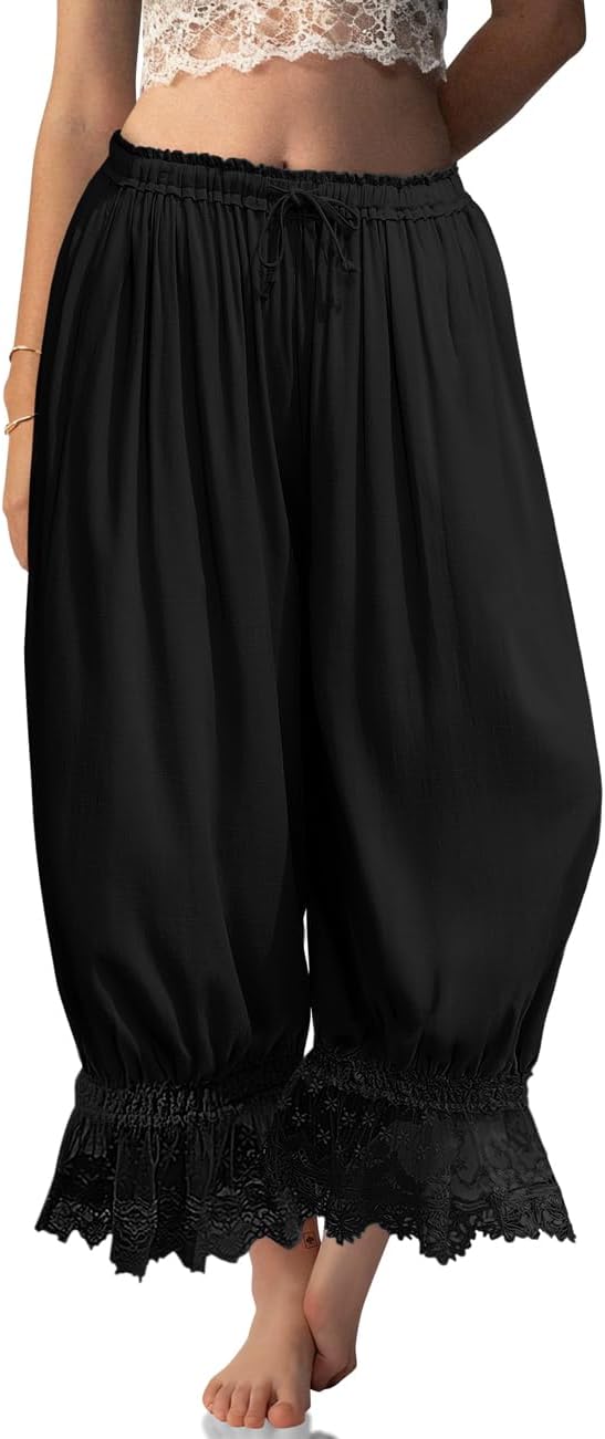 Tyra Vintage Women's Pants – Linen Lace Bloomer, Wide Ruffle Chic Summer