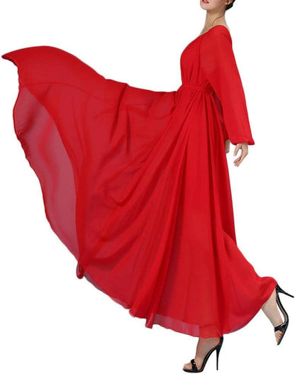 Isabelle Maxi Dress for Women – Elegant Long Chiffon Dress with Belt and Long Sleeves