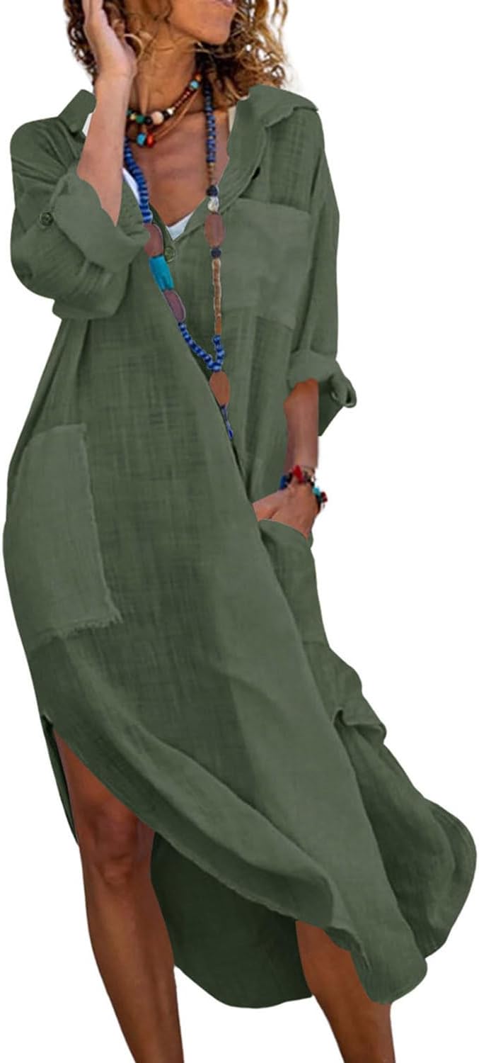 Emma Long Shirt Dress for Women – Buttoned Linen Cotton Dress with Slits and Pockets