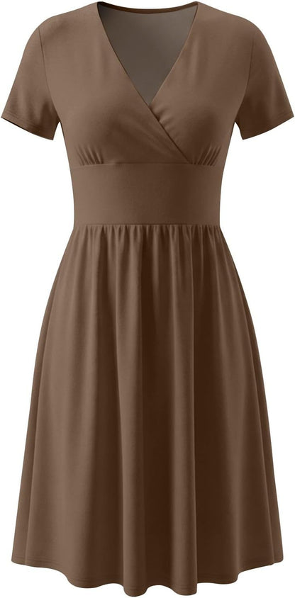 Claire Women's Dress – Elegant Summer A-Line Midi Dress with V-Neck Wrap and Empire Waist