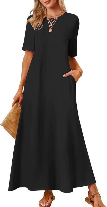 Julie Maxi Dress for Women – Casual Elegant Long Short Sleeve Dress with Pockets
