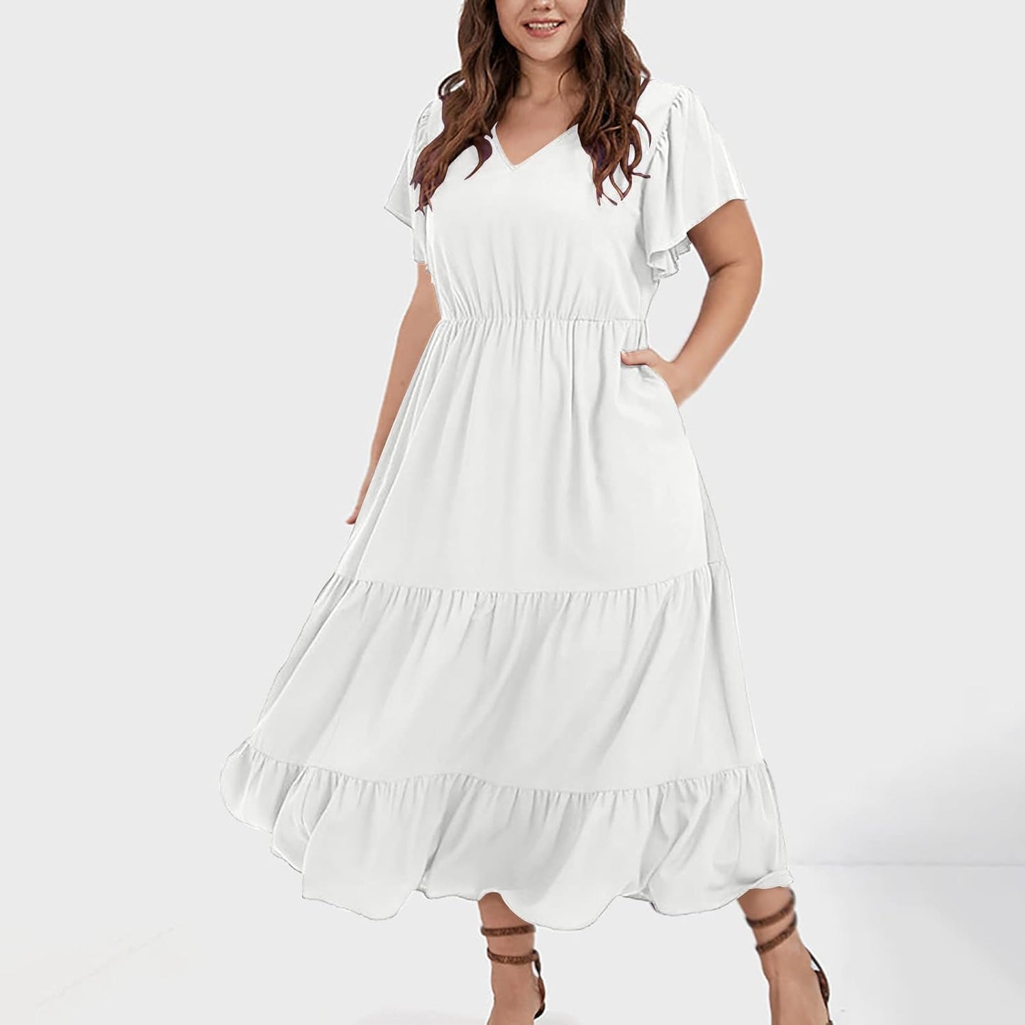 Manon Women's Dress – Bohemian V-Neck Short Sleeve A-Line Fluid Summer Plus Size