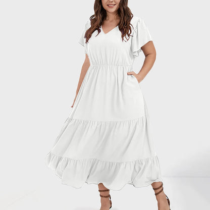 Manon Women's Dress – Bohemian V-Neck Short Sleeve A-Line Fluid Summer Plus Size