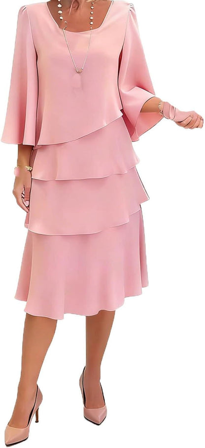 Camille Women's Dress – Elegant Midi Ruffle Dress with Flared Sleeves for Cocktail and Wedding