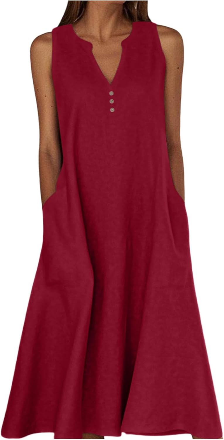 Camille Women's Dress – Maxi Linen V-Neck Sleeveless Buttoned Dress with Pockets for Summer