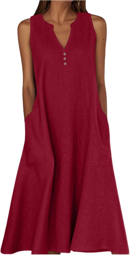 Camille Women's Dress – Maxi Linen V-Neck Sleeveless Buttoned Dress with Pockets for Summer