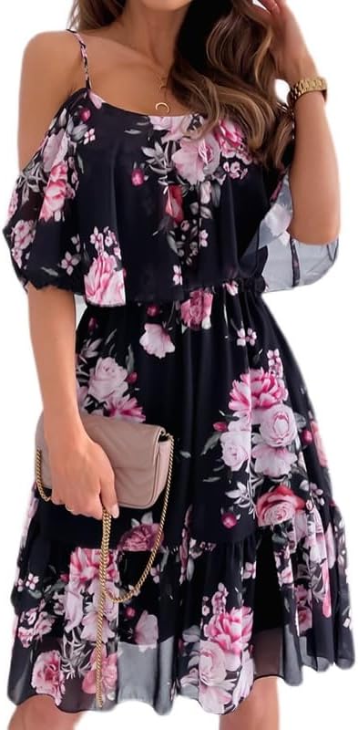 Mhaine Women's Bohemian Dress – Off-Shoulder, Ruffles, Flowing Midi Cut for Summer