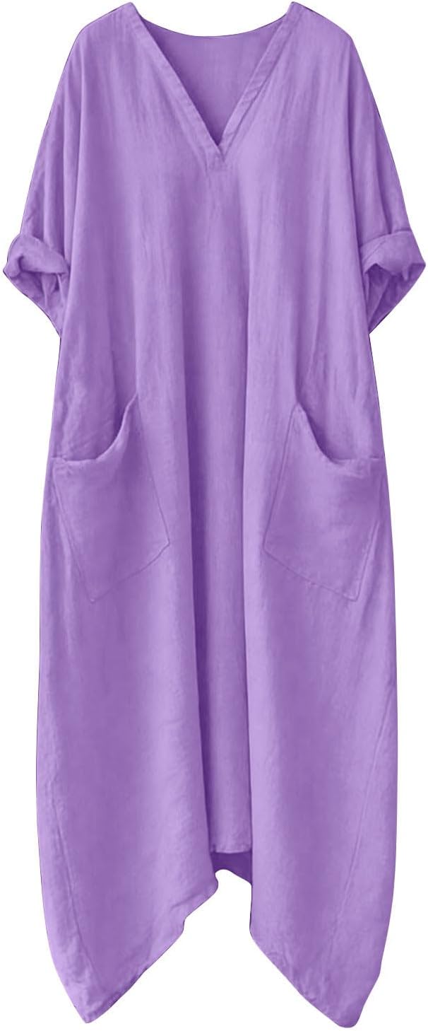Mila Women's Dress – Maxi Linen Dress with V-Neck, 3/4 Sleeves, Oversized A-Line Cut for Summer