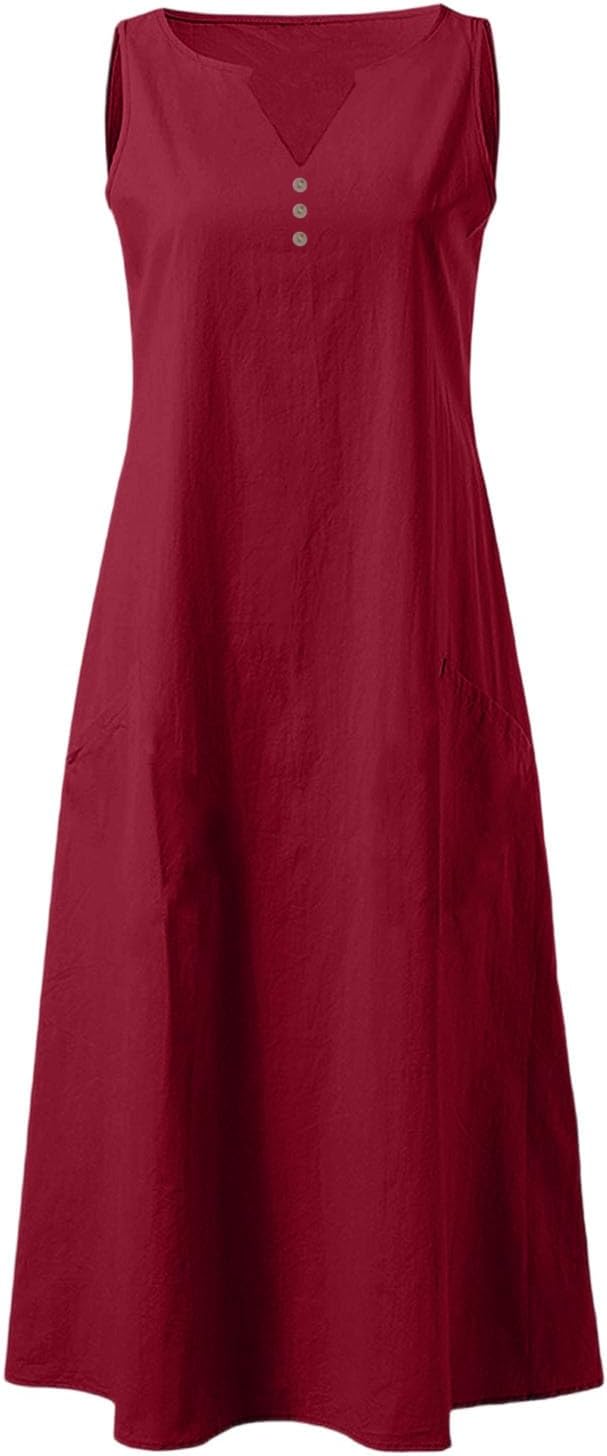 Camille Women's Dress – Maxi Linen V-Neck Sleeveless Buttoned Dress with Pockets for Summer