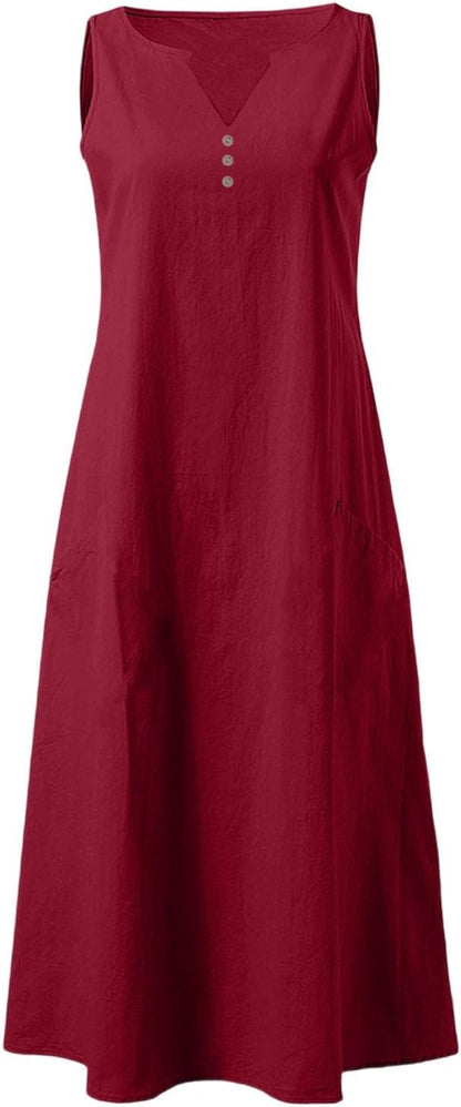 Camille Women's Dress – Maxi Linen V-Neck Sleeveless Buttoned Dress with Pockets for Summer