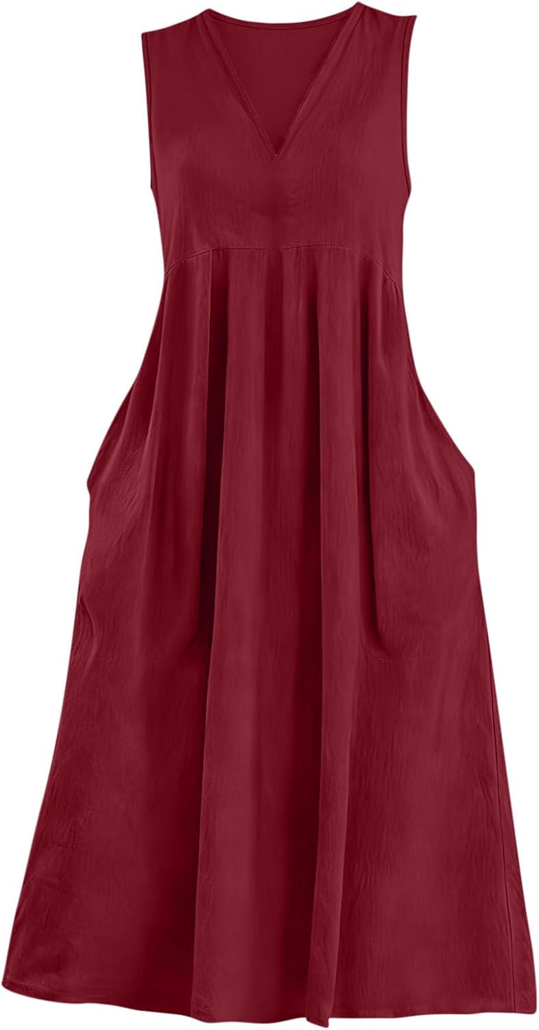 Lina Women's Dress – Maxi Linen V-Neck Sleeveless Pocket Dress for Summer