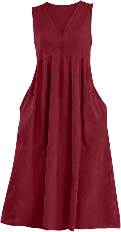 Lina Women's Dress – Maxi Linen V-Neck Sleeveless Pocket Dress for Summer