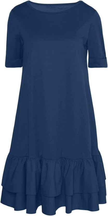 Lina Women's Dress – Mini T-Shirt Dress with Round Neck, Ruffled Double Hem, Bohemian Summer