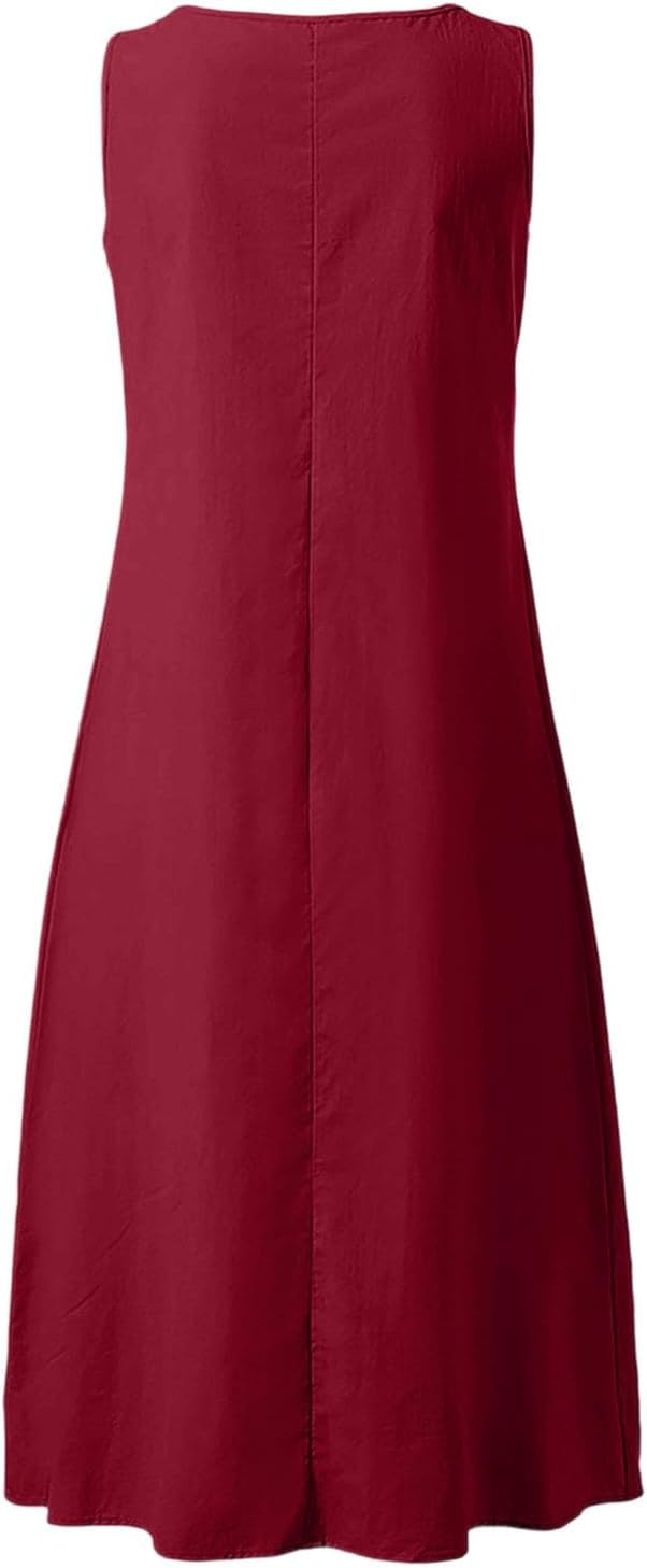 Camille Women's Dress – Maxi Linen V-Neck Sleeveless Buttoned Dress with Pockets for Summer