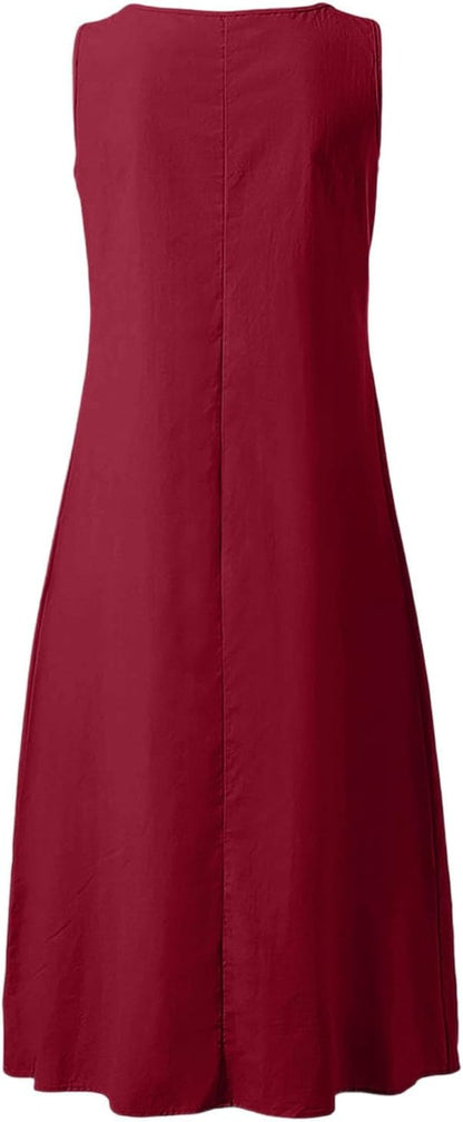 Camille Women's Dress – Maxi Linen V-Neck Sleeveless Buttoned Dress with Pockets for Summer
