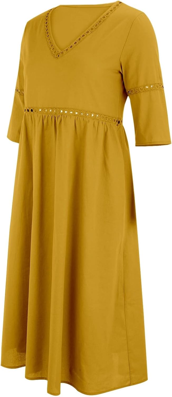 Laura Women's Dress – Midi Linen V-Neck 3/4 Sleeve Pockets A-Line Summer