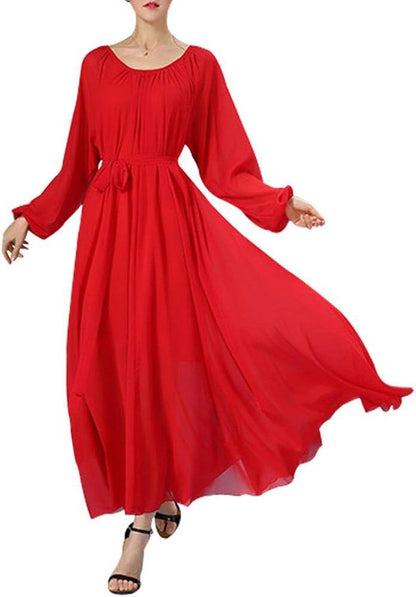Isabelle Maxi Dress for Women – Elegant Long Chiffon Dress with Belt and Long Sleeves