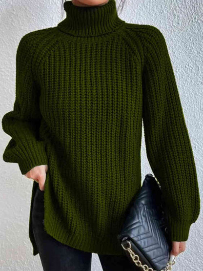Angela Pull Femme – Pull à Col Roulé Côtelé avec Fente Latérale Chic pour Automne/Hiver Élégant