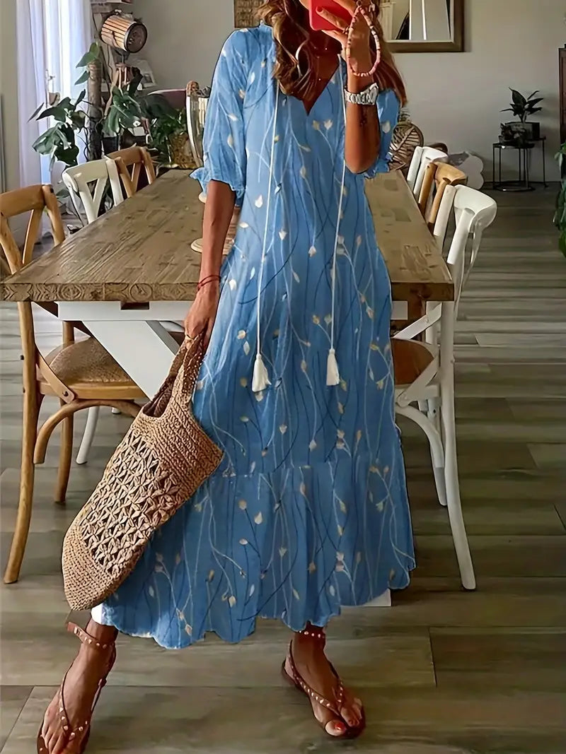 Bohemian Women's Charm Dress – Elegant Summer Dress with Ruffles, V-Neck & Ikat Pattern