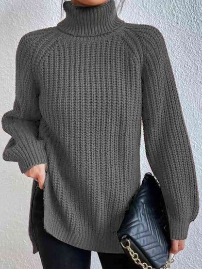 Angela Pull Femme – Pull à Col Roulé Côtelé avec Fente Latérale Chic pour Automne/Hiver Élégant
