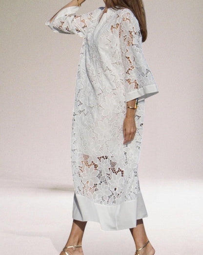 Jennylyn Robe Maxi Femme – Robe Longue en Dentelle Aérée, Style Bohème Estival & Confort Respirant