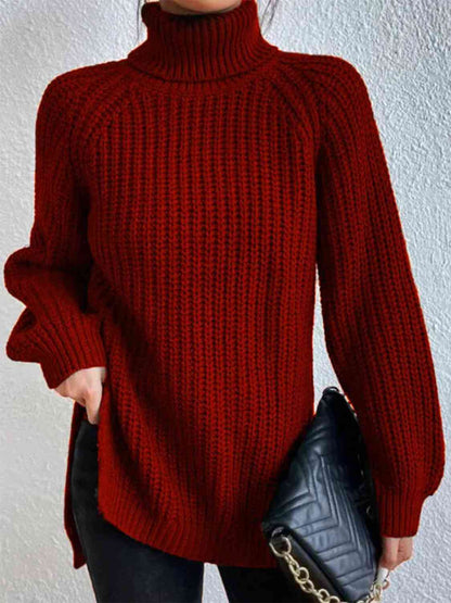 Angela Pull Femme – Pull à Col Roulé Côtelé avec Fente Latérale Chic pour Automne/Hiver Élégant