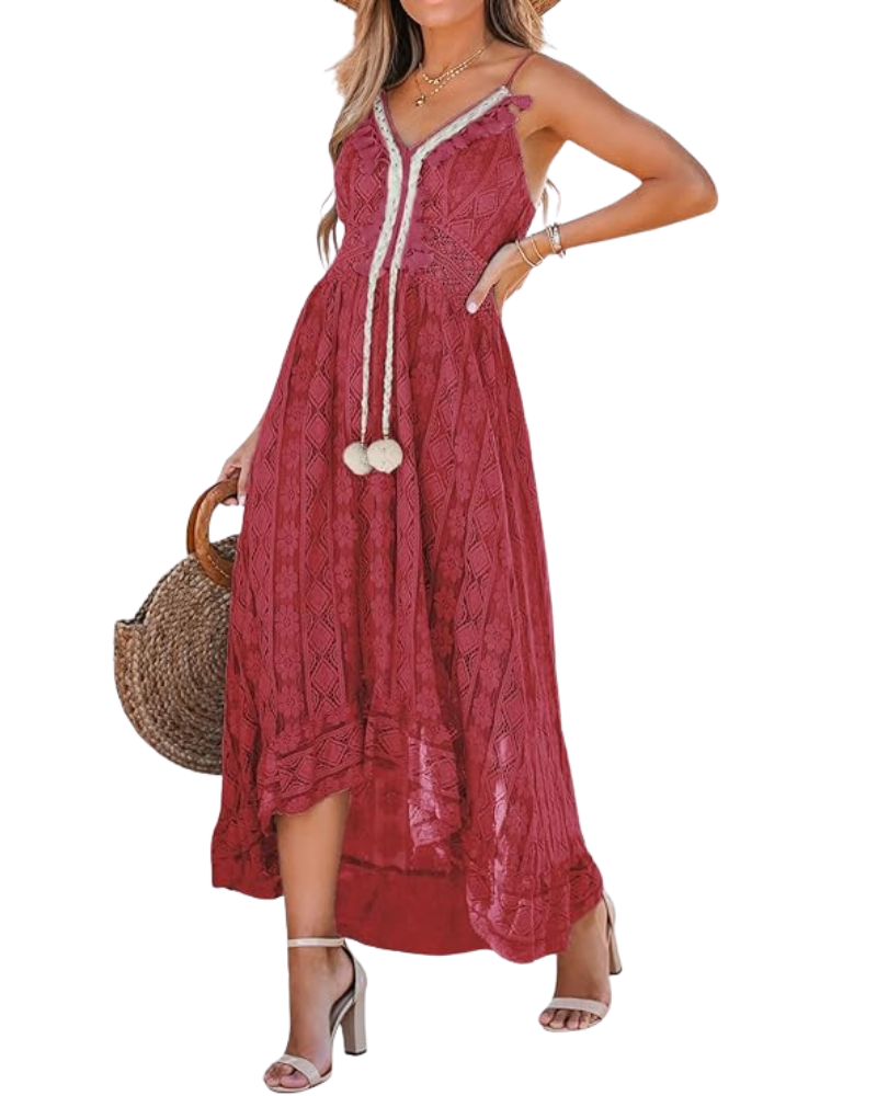 Penelope Women's Maxi Bohemian Dress – V-Neck with Lacing, Ruffles, Adjustable Straps for Summer