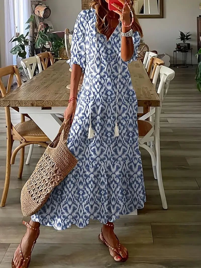 Bohemian Women's Charm Dress – Elegant Summer Dress with Ruffles, V-Neck & Ikat Pattern
