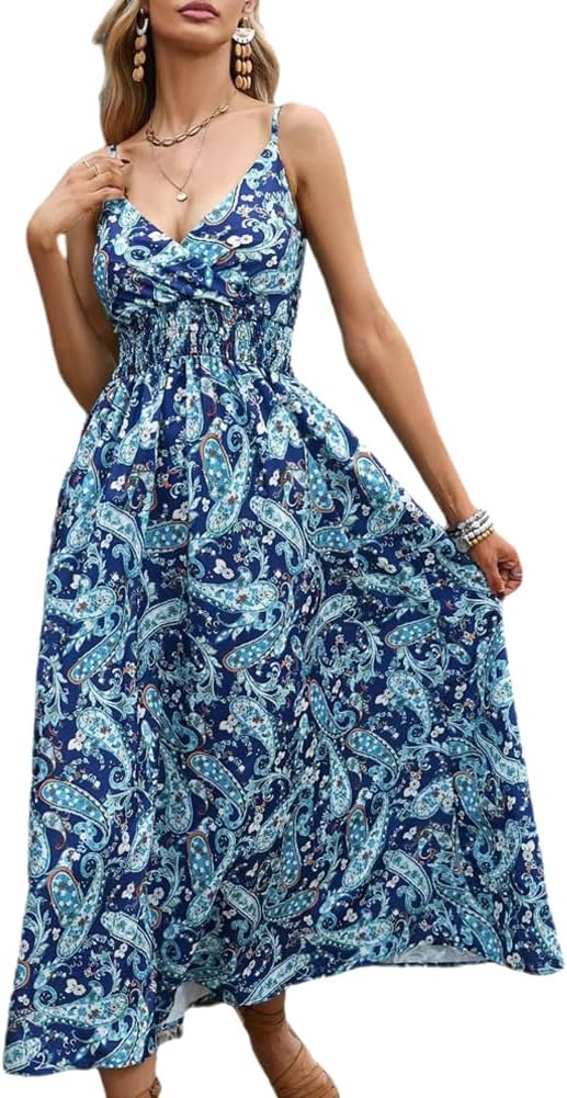 Léa Summer Dress for Women – Elegant Bohemian Floral Dress with V-Neck and Straps for the Beach