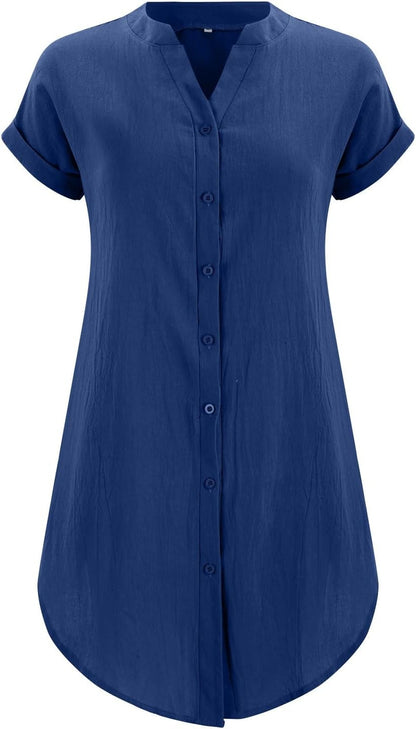 Sophie Women's Dress – Short Linen V-Neck Buttoned Dress with Short Sleeves, Fluid Fit for Summer
