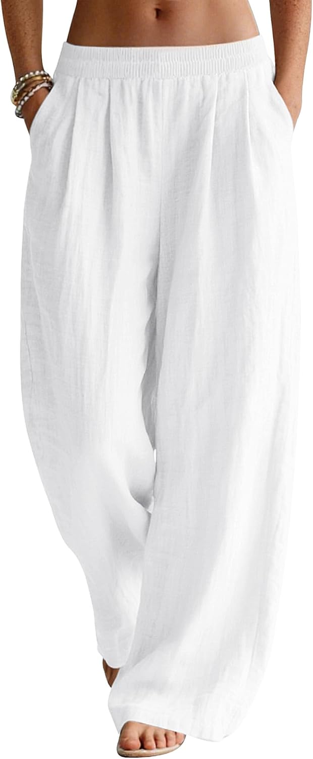 Linda Women's Pants – Elastic Waist Palazzo Linen Pants with Pockets for Summer