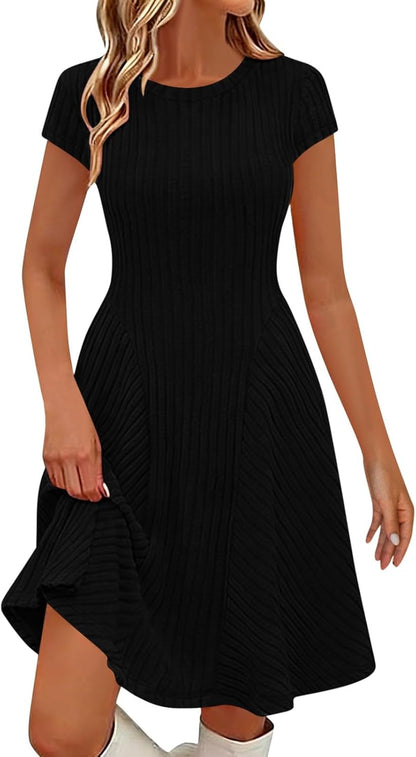 Emma Women's Dress – Elegant Midi Ribbed Knit Dress with Round Neck and Short Sleeves
