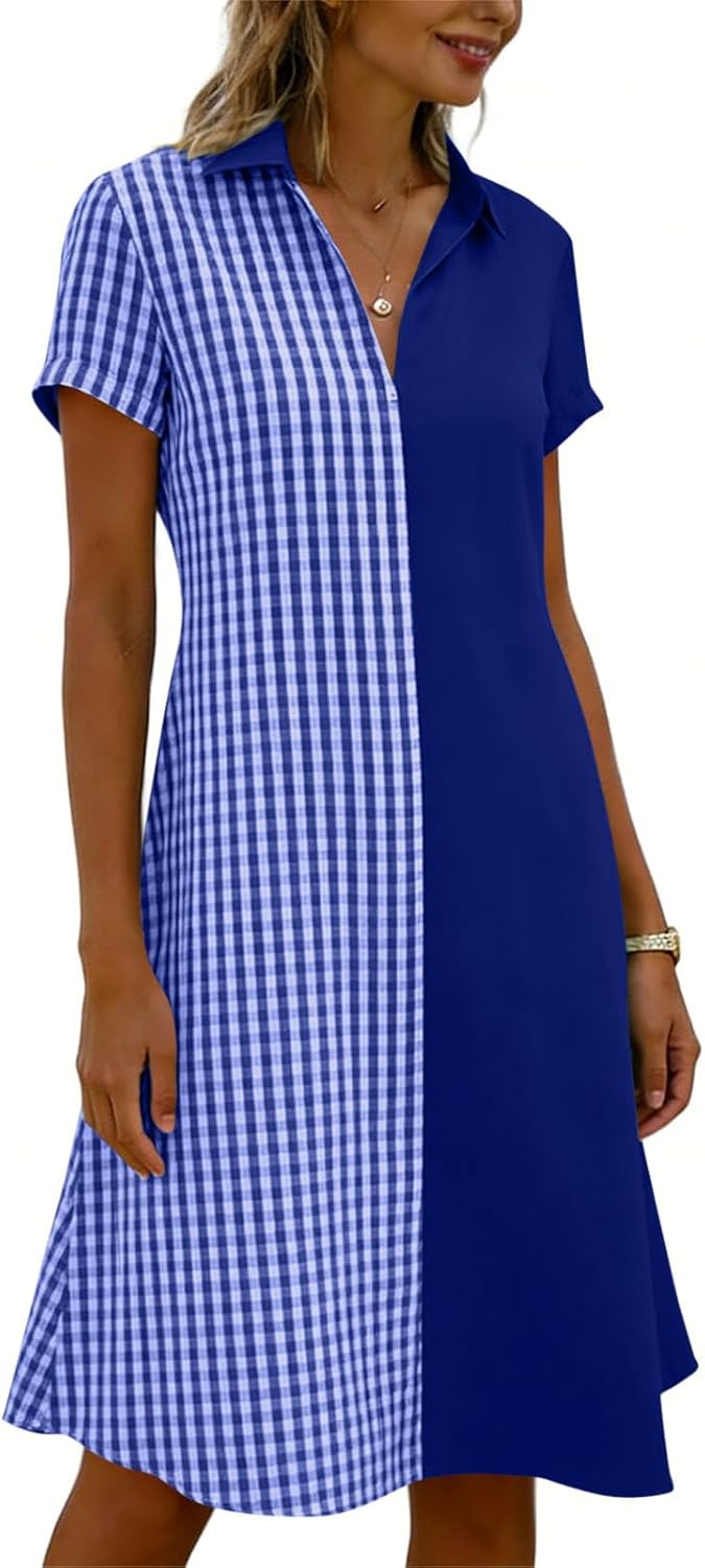 Julie Women's Dress – Checkered V-Neck Short Sleeve Flowing Bohemian Summer Dress