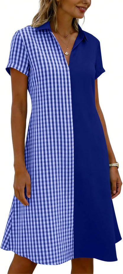 Julie Women's Dress – Checkered V-Neck Short Sleeve Flowing Bohemian Summer Dress